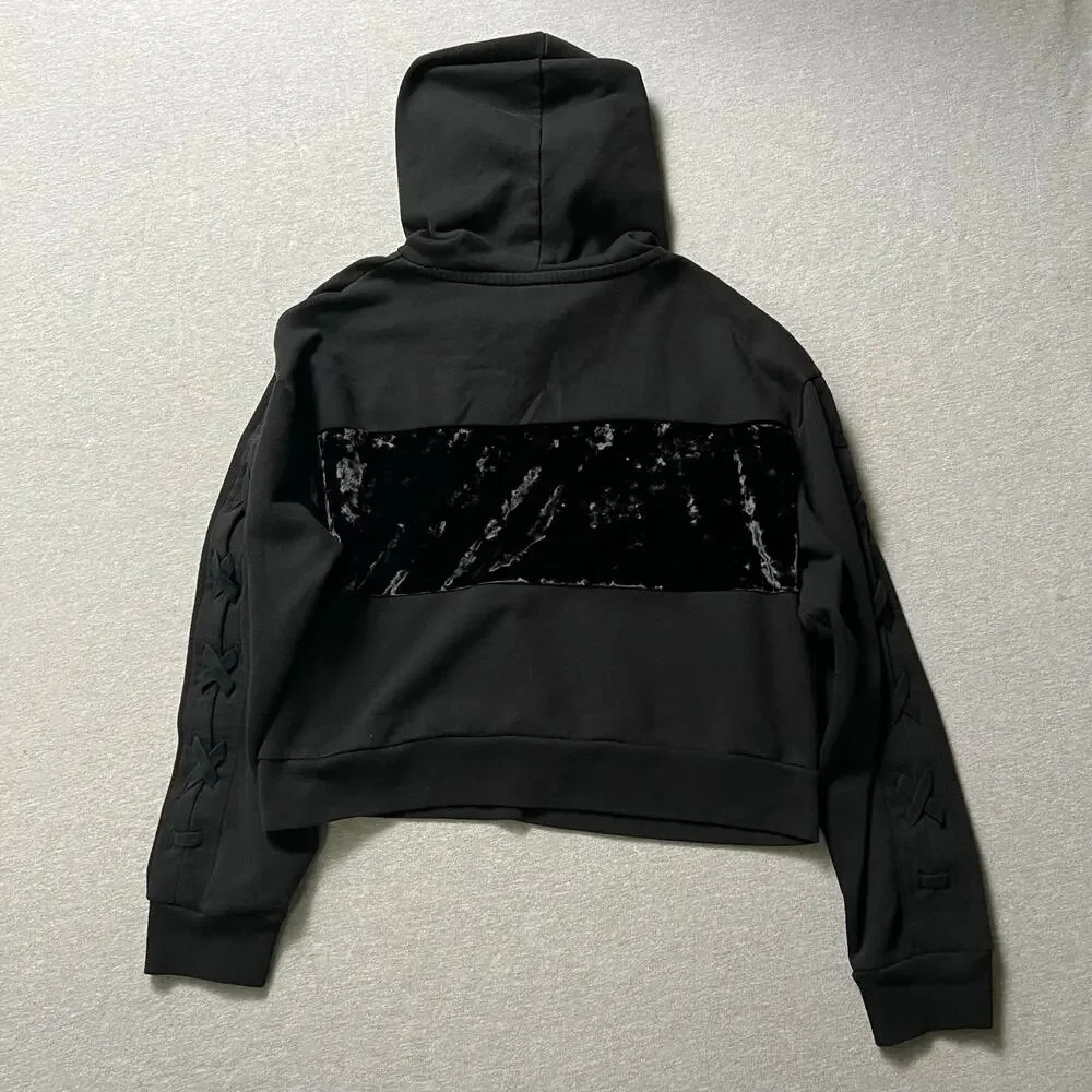 PINK Victoria's Secret Women's M Cropped Hoodie Black Velvet Logo Lace Y2K